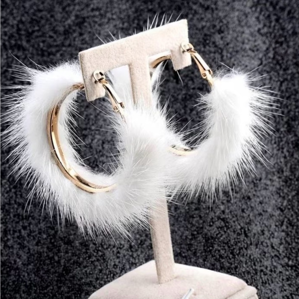 Gold Hoop Earrings with White Faux Fur Trim - Women's Fashion Jewelry